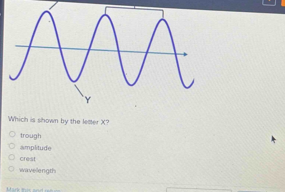 which is shown by the letter x?\n○ trough\n○ amplitude\n○ crest\n○ wavelength