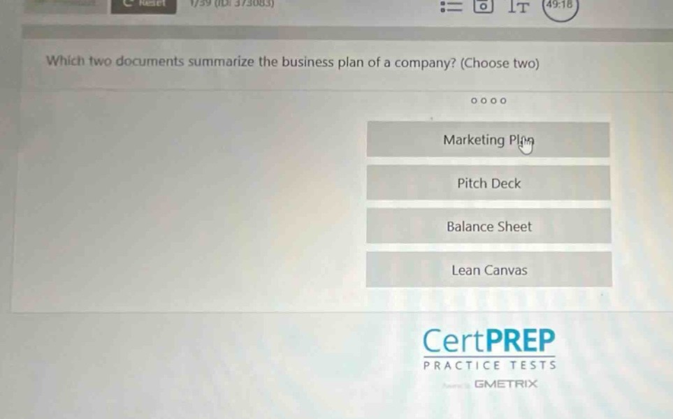 which two documents summarize the business plan of a company? (choose two)\nmarketing plan\npitch deck\nbalance sheet\nlean canvas