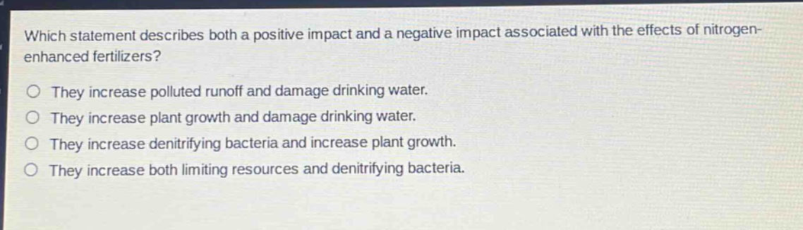 which statement describes both a positive impact and a negative impact associated with the effects of nitrogen - enhanced fertilizers?\no they increase polluted runoff and damage drinking water.\no they increase plant growth and damage drinking water.\no they increase denitrifying bacteria and increase plant growth.\no they increase both limiting resources and denitrifying bacteria.