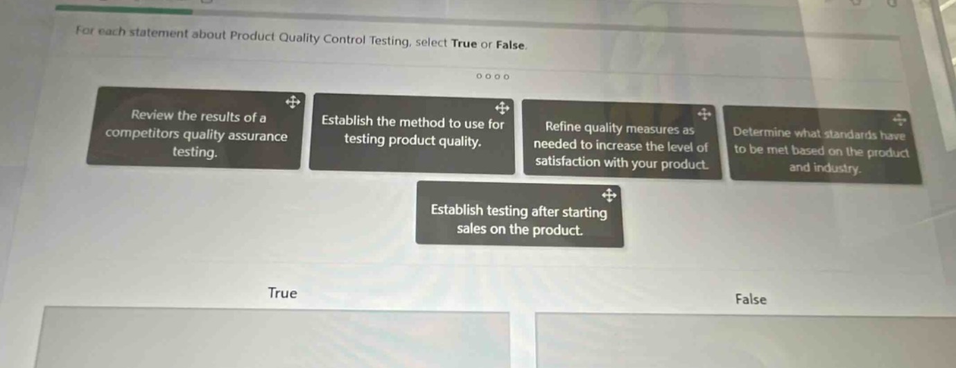 for each statement about product quality control testing, select true or false. review the results of a competitors quality assurance testing. establish the method to use for testing product quality. refine quality measures as needed to increase the level of satisfaction with your product. determine what standards have to be met based on the product and industry. establish testing after starting sales on the product. true false
