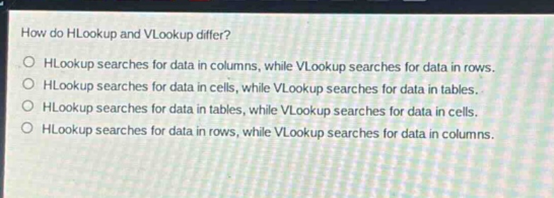 how do hlookup and vlookup differ?\n○ hlookup searches for data in columns, while vlookup searches for data in rows.\n○ hlookup searches for data in cells, while vlookup searches for data in tables.\n○ hlookup searches for data in tables, while vlookup searches for data in cells.\n○ hlookup searches for data in rows, while vlookup searches for data in columns.