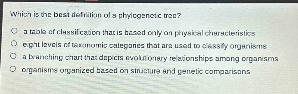 which is the best definition of a phylogenetic tree?\no a table of classification that is based only on physical characteristics\no eight levels of taxonomic categories that are used to classify organisms\no a branching chart that depicts evolutionary relationships among organisms\no organisms organized based on structure and genetic comparisons