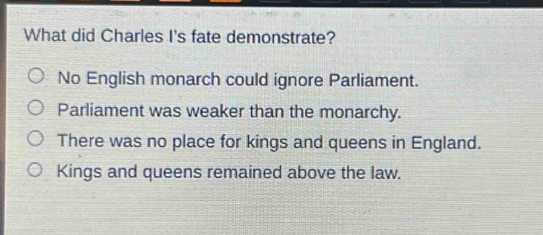 what did charles is fate demonstrate?\nno english monarch could ignore parliament.\nparliament was weaker than the monarchy.\nthere was no place for kings and queens in england.\nkings and queens remained above the law.