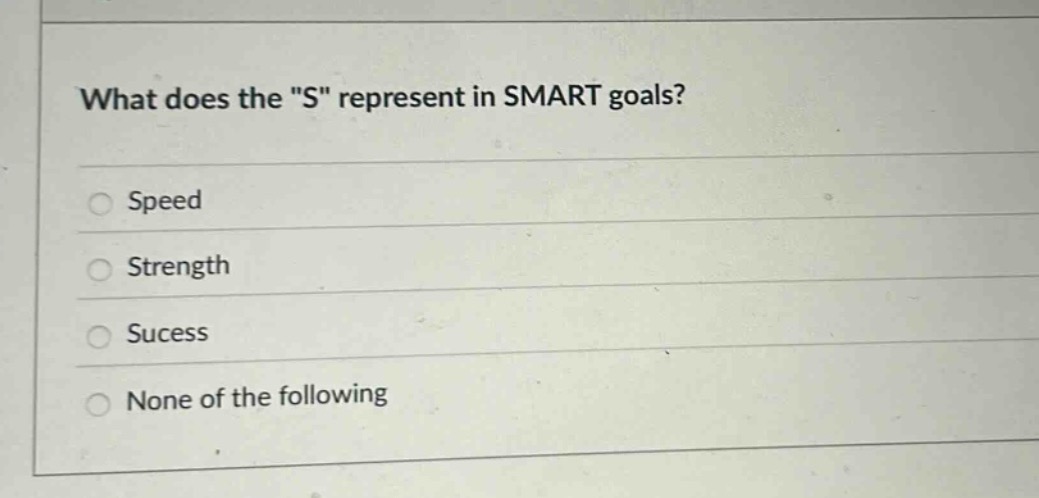 what does the \s\ represent in smart goals?\nspeed\nstrength\nsucess\nnone of the following