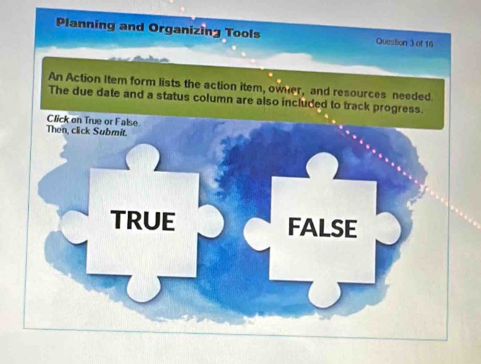 planning and organizing tools\nquestion 3 of 16\nan action item form lists the action item, owner, and resources needed. the due date and a status column are also included to track progress.\nclick on true or false.\nthen, click submit.