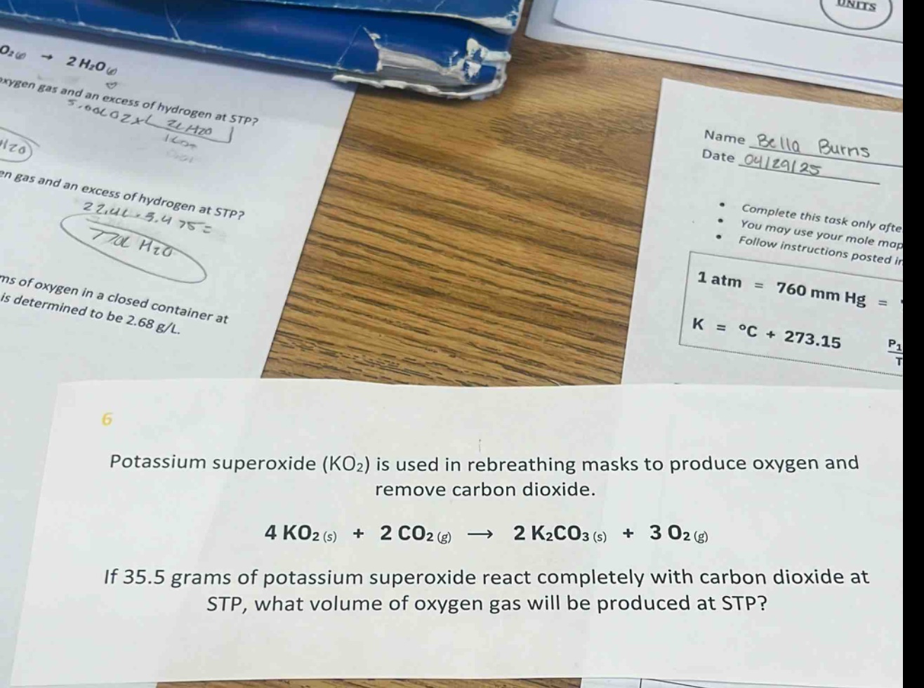 potassium superoxide (ko₂) is used in rebreathing masks to produce oxygen and remove carbon dioxide.\n4 ko₂(s) + 2 co₂(g) → 2 k₂co₃(s) + 3 o₂(g)\nif 35.5 grams of potassium superoxide react completely with carbon dioxide at stp, what volume of oxygen gas will be produced at stp?