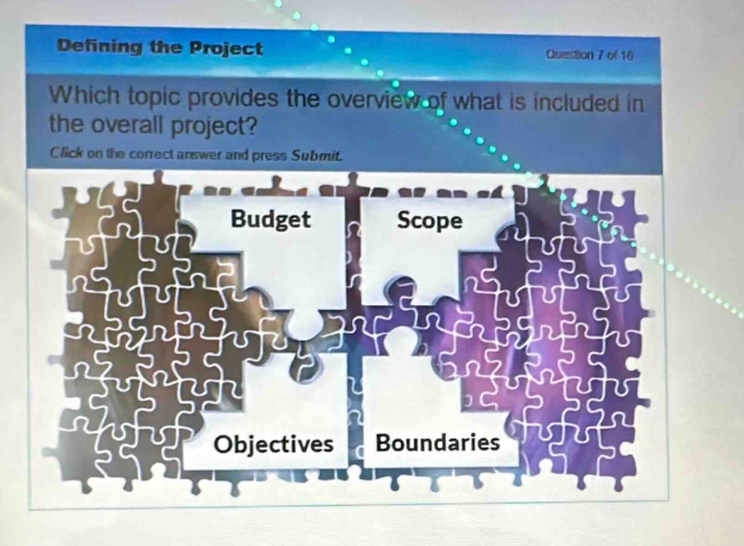 defining the project\nquestion 7 of 16\nwhich topic provides the overview of what is included in the overall project?\nclick on the correct answer and press submit.\nbudget\nscope\nobjectives\nboundaries