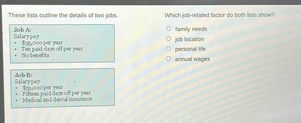 these lists outline the details of two jobs. which job - related factor do both lists show? job a: salary pay - $35,000 per year - ten paid days off per year - no benefits job b: salary pay - $31,000 per year - fifteen paid days off per year - medical and dental insurance family needs job location personal life annual wages