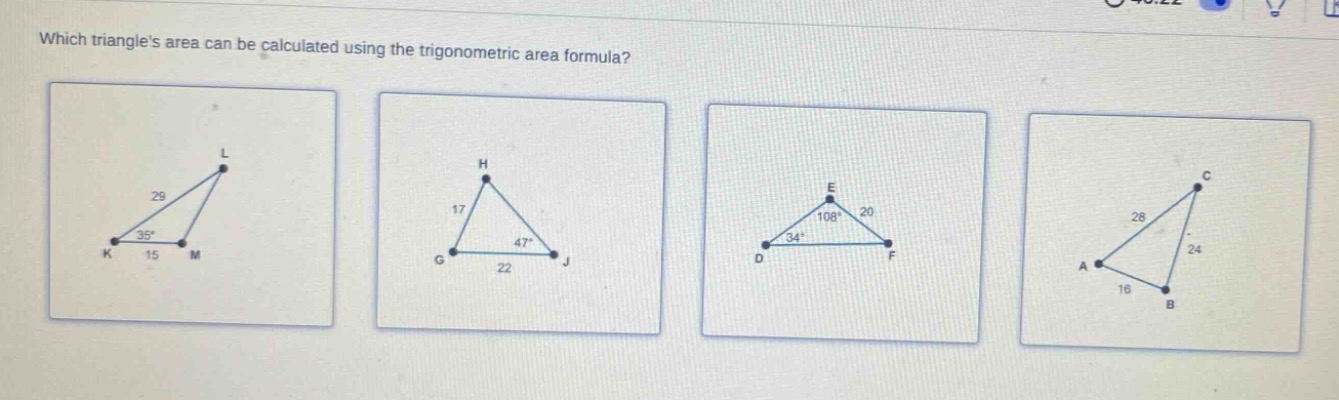 which triangles area can be calculated using the trigonometric area formula?