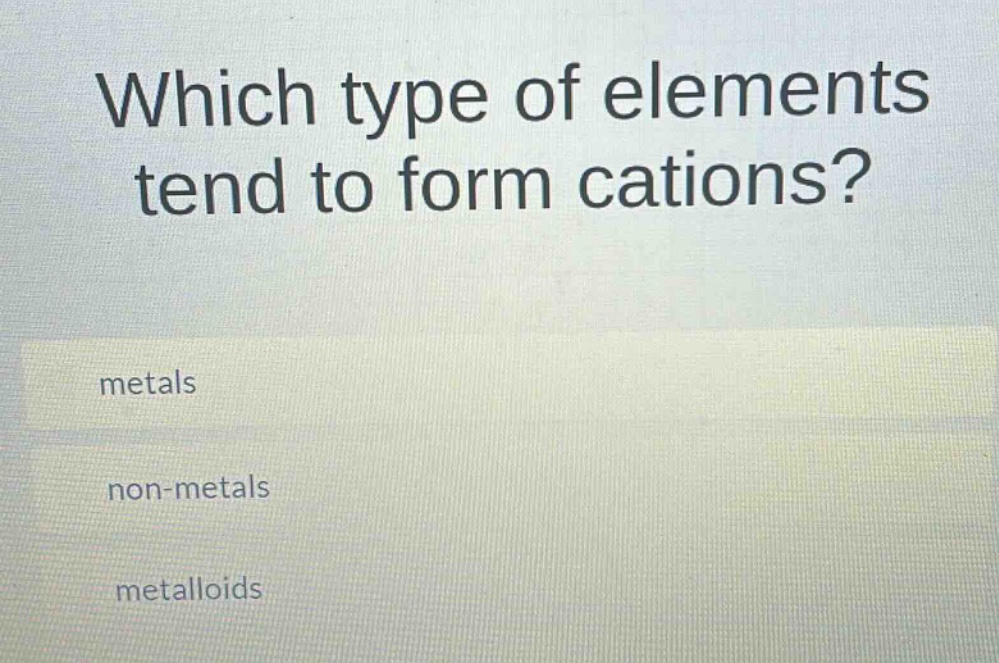 which type of elements tend to form cations?\nmetals\nnon - metals\nmetalloids