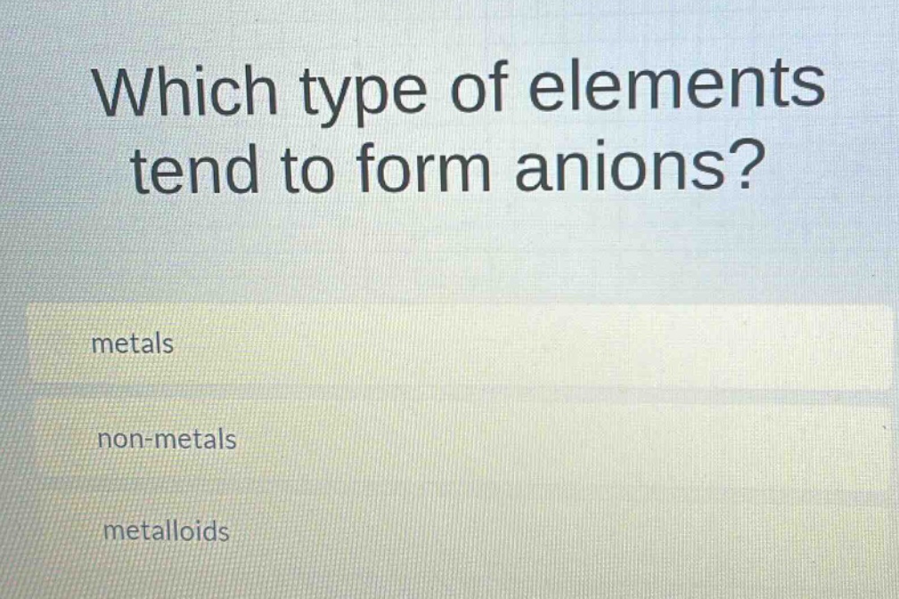 which type of elements tend to form anions?\nmetals\nnon - metals\nmetalloids