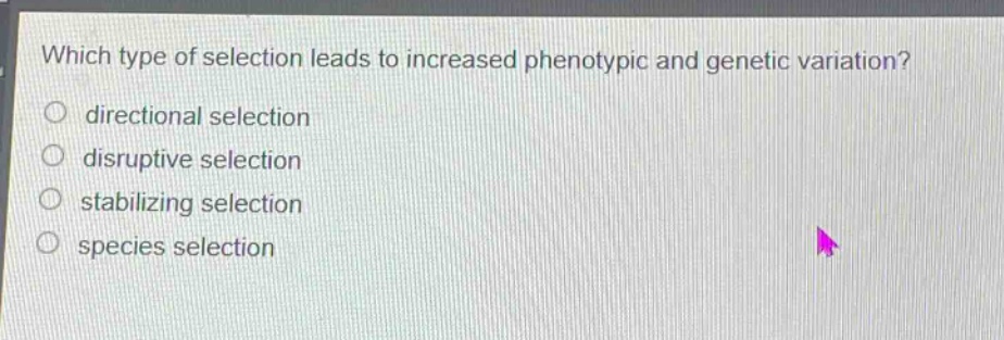 which type of selection leads to increased phenotypic and genetic variation?\n○ directional selection\n○ disruptive selection\n○ stabilizing selection\n○ species selection