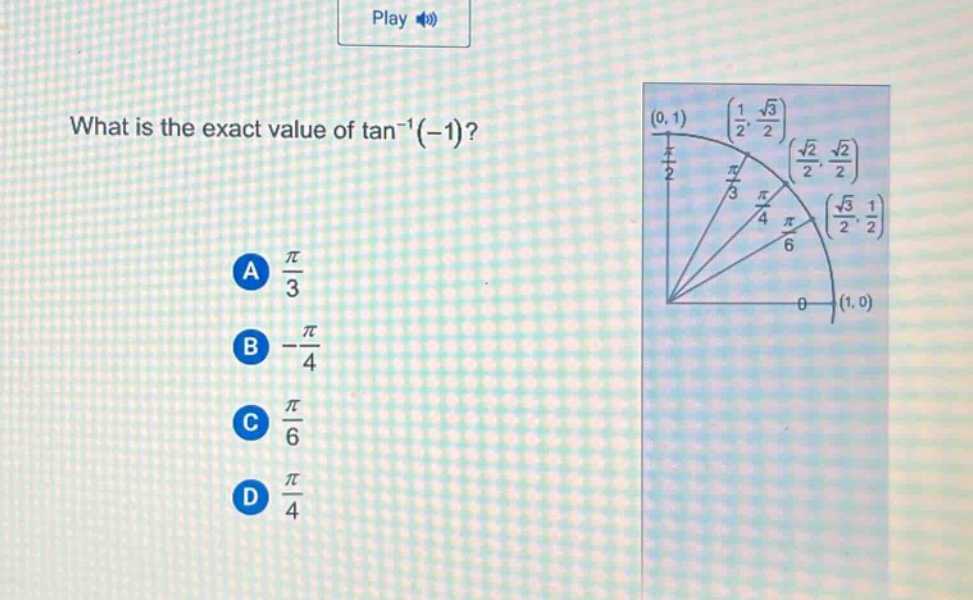 what is the exact value of tan⁻¹(-1)?\na $\frac{pi}{3}$\nb $-\frac{pi}{4}$\nc $\frac{pi}{6}$\nd $\frac{pi}{4}$