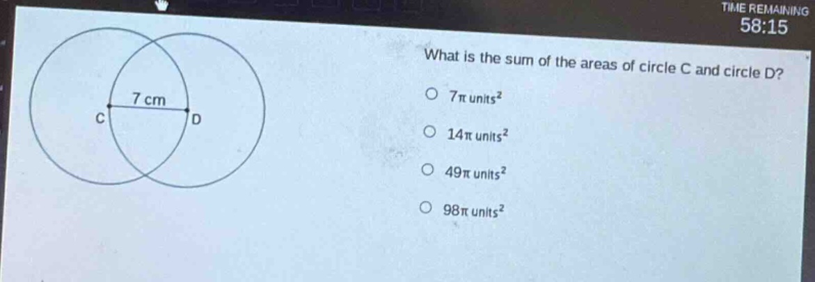 what is the sum of the areas of circle c and circle d?\n7π units²\n14π units²\n49π units²\n98π units²