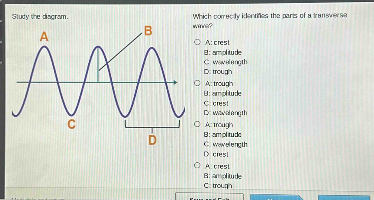 study the diagram. which correctly identifies the parts of a transverse wave? a: crest b: amplitude c: wavelength d: trough a: trough b: amplitude c: crest d: wavelength a: trough b: amplitude c: wavelength d: crest a: crest b: amplitude c: trough