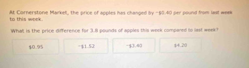 at cornerstone market, the price of apples has changed by -$0.40 per pound from last week to this week. what is the price difference for 3.8 pounds of apples this week compared to last week? $0.95 -$1.52 -$3.40 $4.20