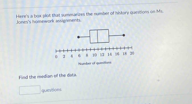 heres a box plot that summarizes the number of history questions on ms. joness homework assignments. find the median of the data. questions