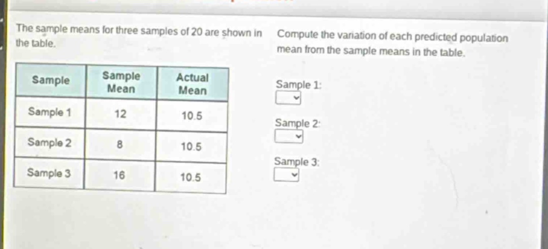 the sample means for three samples of 20 are shown in the table. compute the variation of each predicted population mean from the sample means in the table.\n| sample | sample mean | actual mean |\n| ---- | ---- | ---- |\n| sample 1 | 12 | 10.5 |\n| sample 2 | 8 | 10.5 |\n| sample 3 | 16 | 10.5 |\nsample 1:\nsample 2:\nsample 3: