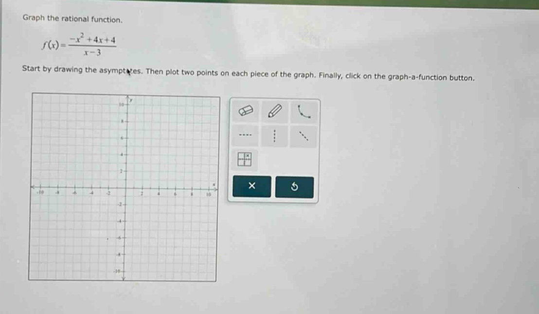 graph the rational function.\n f(x)=\frac{-x^{2}+4x + 4}{x - 3} \nstart by drawing the asymptotes. then plot two points on each piece of the graph. finally, click on the graph - a - function button.