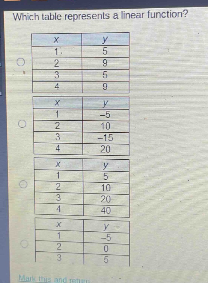 which table represents a linear function?\nmark this and return