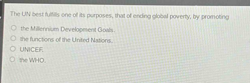the un best fulfills one of its purposes, that of ending global poverty, by promoting\nthe millennium development goals.\nthe functions of the united nations.\nunicef.\nthe who.