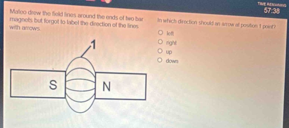 mateo drew the field lines around the ends of two bar magnets but forgot to label the direction of the lines with arrows. in which direction should an arrow at position 1 point? left right up down