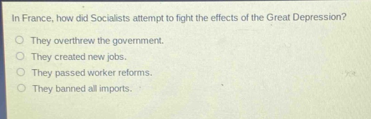 in france, how did socialists attempt to fight the effects of the great depression?\no they overthrew the government.\no they created new jobs.\no they passed worker reforms.\no they banned all imports.
