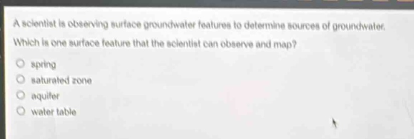 a scientist is observing surface groundwater features to determine sources of groundwater. which is one surface feature that the scientist can observe and map?\nspring\nsaturated zone\naquifer\nwater table