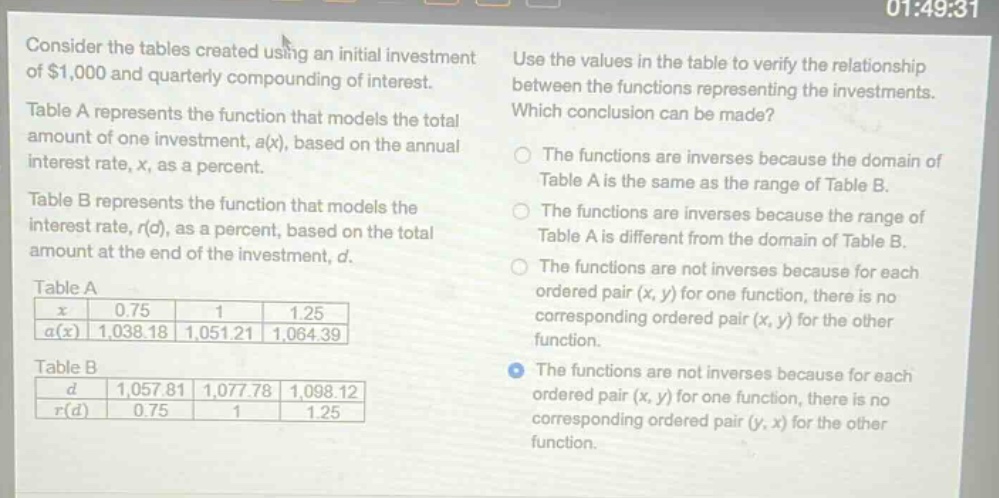 consider the tables created using an initial investment of $1,000 and quarterly compounding of interest. table a represents the function that models the total amount of one investment, a(x), based on the annual interest rate, x, as a percent. table b represents the function that models the interest rate, r(d), as a percent, based on the total amount at the end of the investment, d. table a: x 0.75 1 1.25; a(x) 1,038.18 1,051.21 1,064.39. table b: d 1,057.81 1,077.78 1,098.12; r(d) 0.75 1 1.25. use the values in the table to verify the relationship between the functions representing the investments. which conclusion can be made? the functions are inverses because the domain of table a is the same as the range of table b. the functions are inverses because the range of table a is different from the domain of table b. the functions are not inverses because for each ordered pair (x, y) for one function, there is no corresponding ordered pair (x, y) for the other function. the functions are not inverses because for each ordered pair (x, y) for one function, there is no corresponding ordered pair (y, x) for the other function.