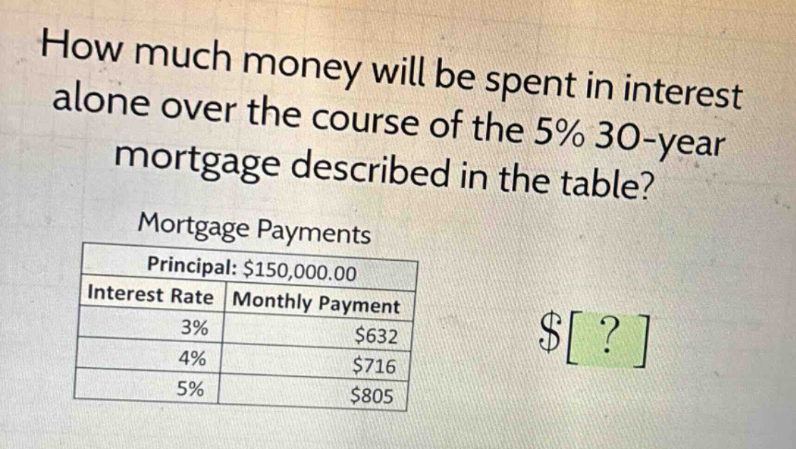how much money will be spent in interest alone over the course of the 5% 30 - year mortgage described in the table?\nmortgage payments\n|principal: $150,000.00|\n|interest rate|monthly payment|\n|3%|$632|\n|4%|$716|\n|5%|$805|