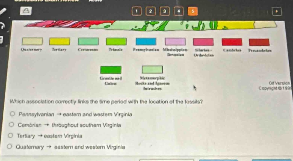 which association correctly links the time period with the location of the fossils?\npennsylvanian → eastern and western virginia\ncambrian → throughout southern virginia\ntertiary → eastern virginia\nquaternary → eastern and western virginia