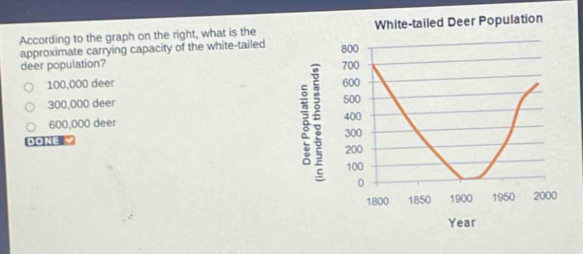 according to the graph on the right, what is the approximate carrying capacity of the white - tailed deer population?\n100,000 deer\n300,000 deer\n600,000 deer\ndone