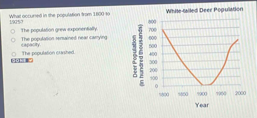 what occurred in the population from 1800 to 1925?\nthe population grew exponentially.\nthe population remained near carrying capacity.\nthe population crashed.\ndone\nwhite - tailed deer population\ndeer population (in hundred thousands)\nyear