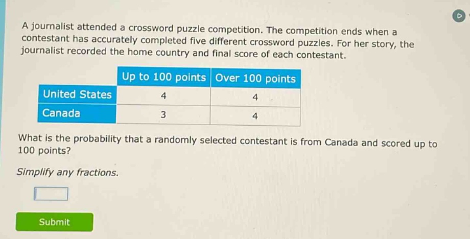 a journalist attended a crossword puzzle competition. the competition ends when a contestant has accurately completed five different crossword puzzles. for her story, the journalist recorded the home country and final score of each contestant.\n| | up to 100 points | over 100 points |\n|--|--|--|\n| united states | 4 | 4 |\n| canada | 3 | 4 |\nwhat is the probability that a randomly selected contestant is from canada and scored up to 100 points?\nsimplify any fractions.