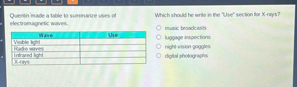 quentin made a table to summarize uses of electromagnetic waves. which should he write in the \use\ section for x - rays?\nwave\tuse\nvisible light\t\nradio waves\t\ninfrared light\t\nx - rays\t\nmusic broadcasts\nluggage inspections\nnight - vision goggles\ndigital photographs