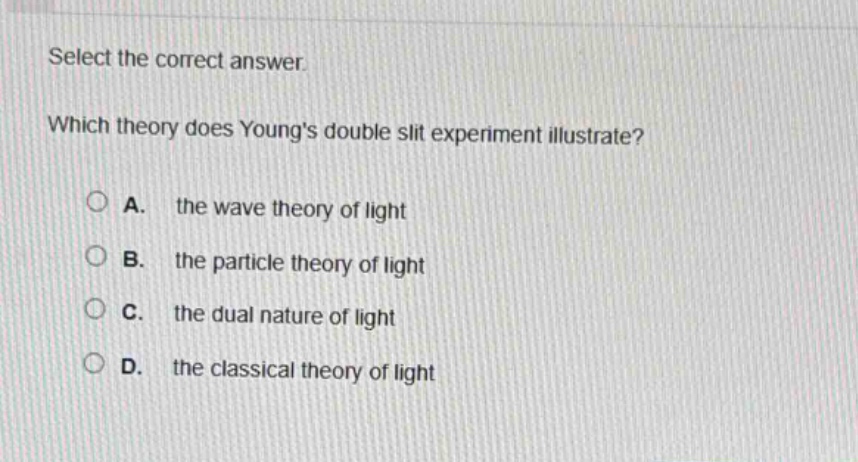 select the correct answer. which theory does youngs double - slit experiment illustrate? a. the wave theory of light b. the particle theory of light c. the dual nature of light d. the classical theory of light