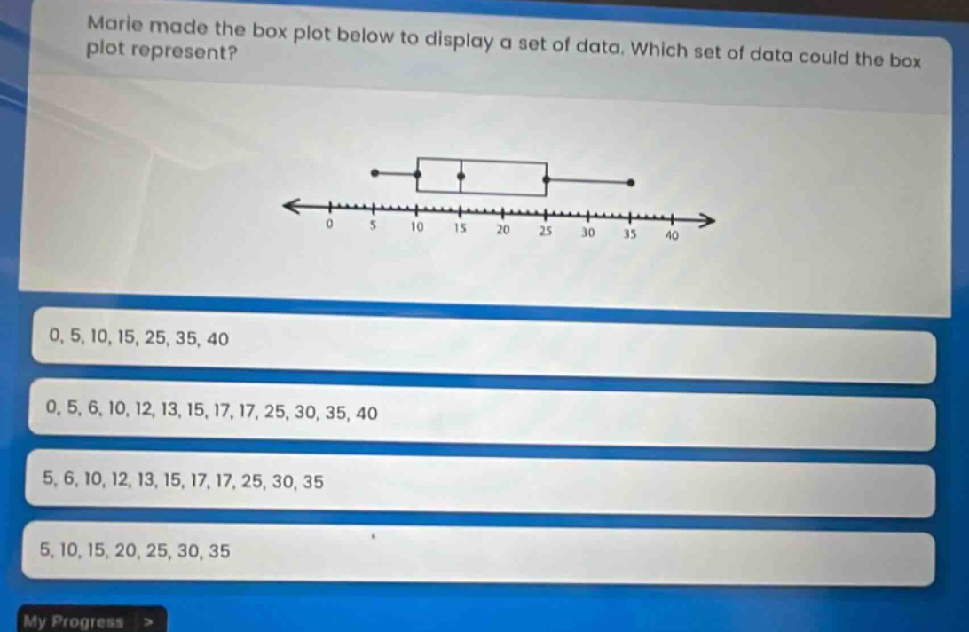 marie made the box plot below to display a set of data. which set of data could the box plot represent? 0, 5, 10, 15, 25, 35, 40 0, 5, 6, 10, 12, 13, 15, 17, 17, 25, 30, 35, 40 5, 6, 10, 12, 13, 15, 17, 17, 25, 30, 35 5, 10, 15, 20, 25, 30, 35