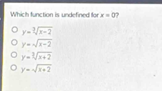 which function is undefined for x = 0?\n$y = \\sqrt3{x - 2}$\n$y = \\sqrt{x - 2}$\n$y = \\sqrt3{x + 2}$\n$y = \\sqrt{x + 2}$