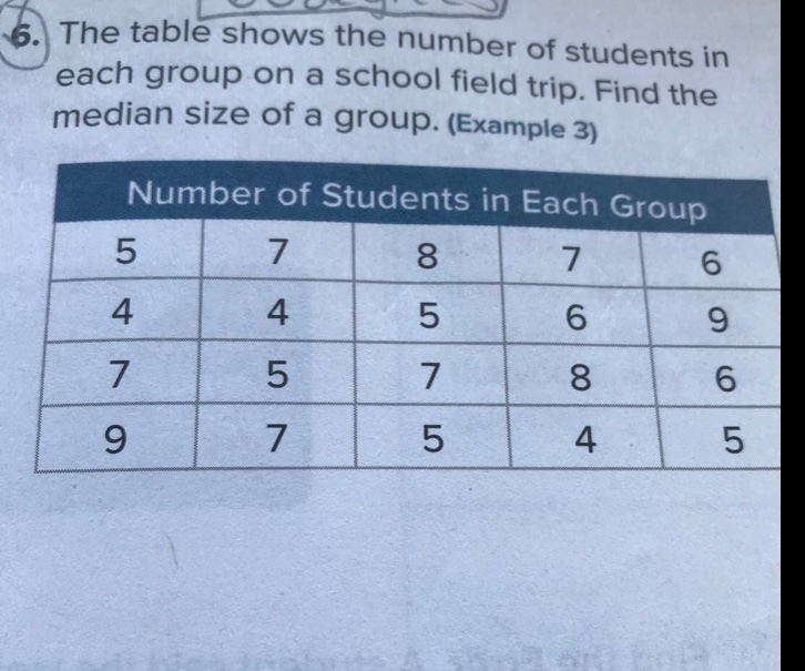 6. the table shows the number of students in each group on a school field trip. find the median size of a group. (example 3)\nnumber of students in each group\n5 7 8 7 6\n4 4 5 6 9\n7 5 7 8 6\n9 7 5 4 5