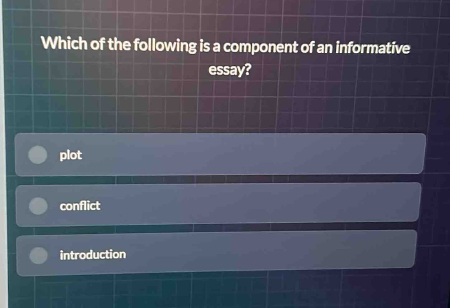 which of the following is a component of an informative essay?\nplot\nconflict\nintroduction