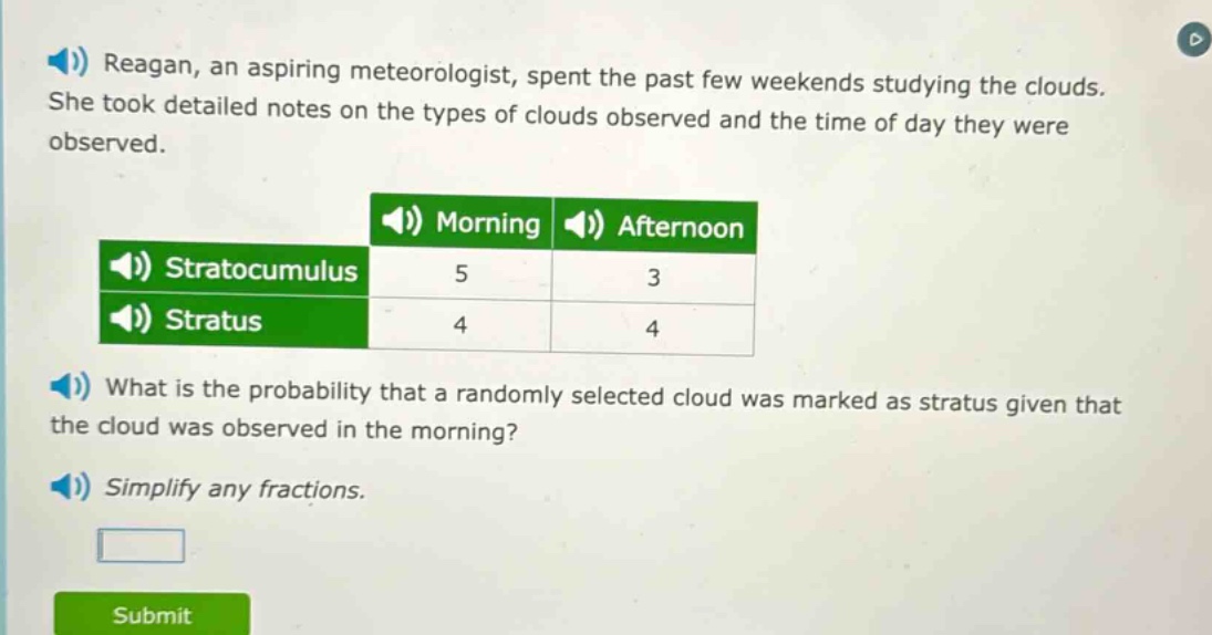 reagan, an aspiring meteorologist, spent the past few weekends studying the clouds. she took detailed notes on the types of clouds observed and the time of day they were observed.\n\n| | morning | afternoon |\n|--|--|--|\n| stratocumulus | 5 | 3 |\n| stratus | 4 | 4 |\n\nwhat is the probability that a randomly selected cloud was marked as stratus given that the cloud was observed in the morning?\n\nsimplify any fractions.
