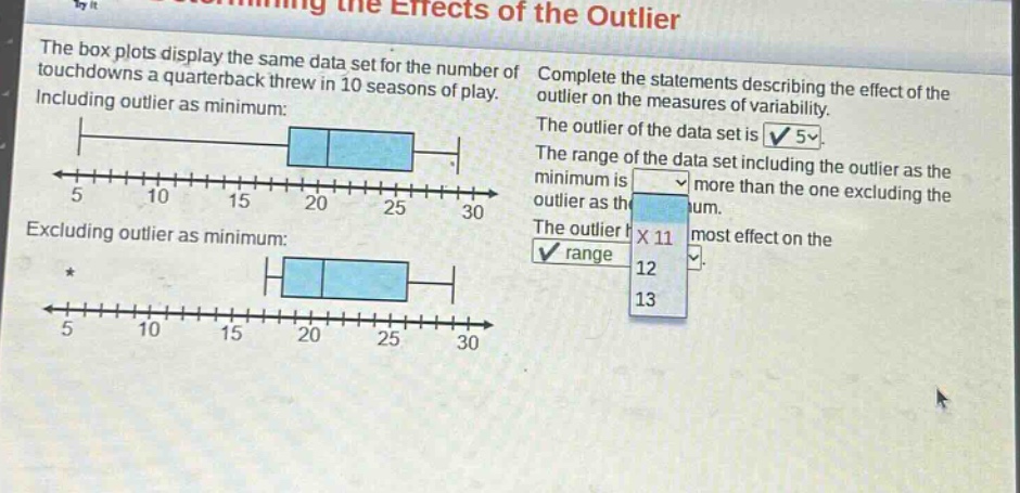 the box plots display the same data set for the number of touchdowns a quarterback threw in 10 seasons of play. including outlier as minimum: excluding outlier as minimum: complete the statements describing the effect of the outlier on the measures of variability. the outlier of the data set is 5. the range of the data set including the outlier as the minimum is more than the one excluding the outlier as the minimum. the outlier has most effect on the range.