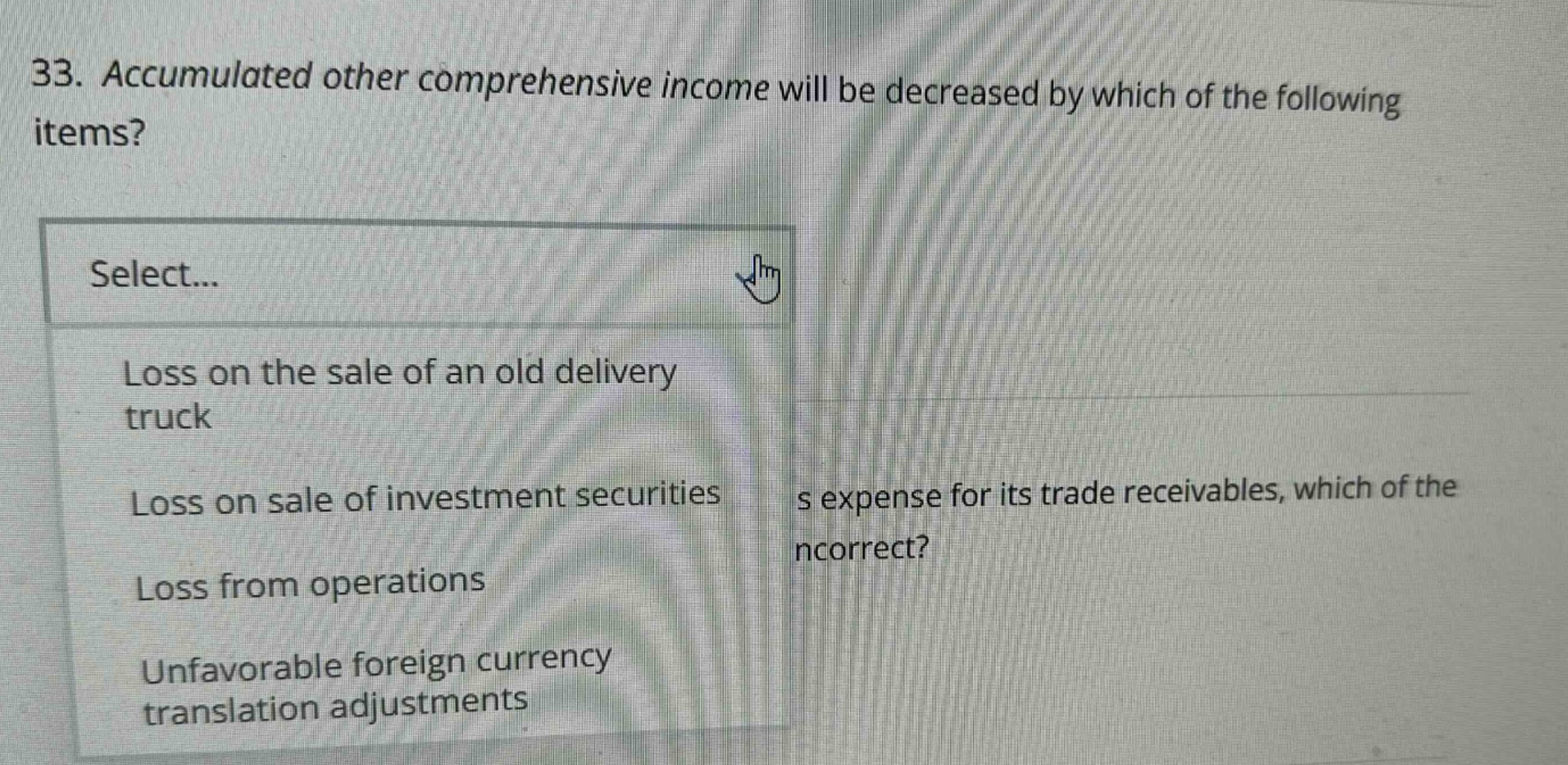 33. accumulated other comprehensive income will be decreased by which of the following items? select... loss on the sale of an old delivery truck loss on sale of investment securities loss from operations unfavorable foreign currency translation adjustments