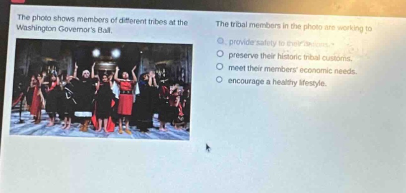 the photo shows members of different tribes at the washington governors ball. the tribal members in the photo are working to provide safety to their nations. preserve their historic tribal customs. meet their members economic needs. encourage a healthy lifestyle.