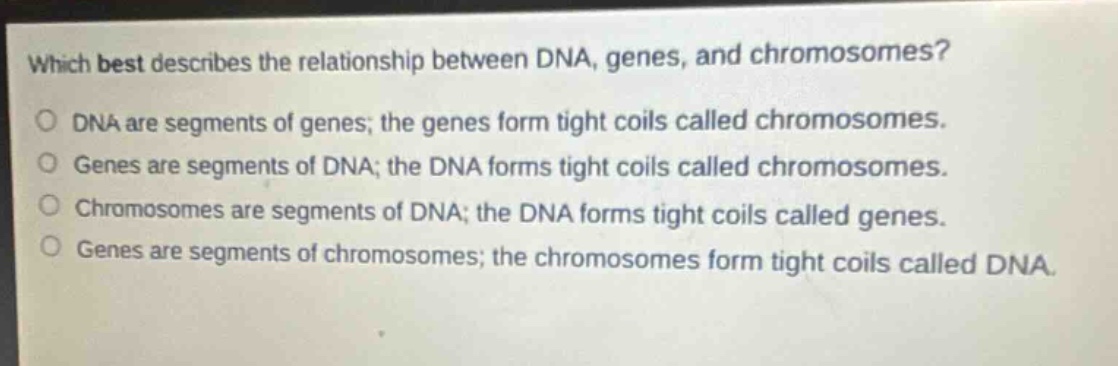 which best describes the relationship between dna, genes, and chromosomes?\no dna are segments of genes; the genes form tight coils called chromosomes.\no genes are segments of dna; the dna forms tight coils called chromosomes.\no chromosomes are segments of dna; the dna forms tight coils called genes.\no genes are segments of chromosomes; the chromosomes form tight coils called dna.
