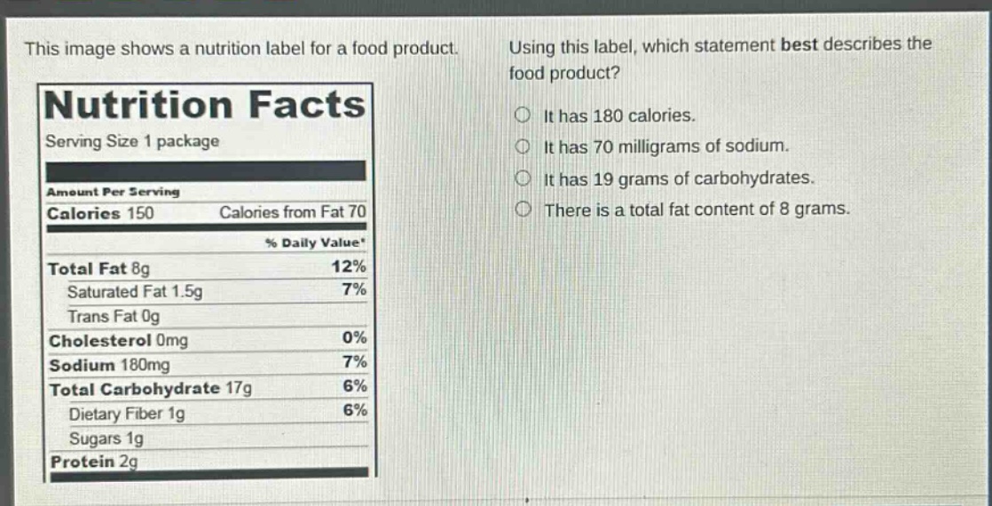 this image shows a nutrition label for a food product. using this label, which statement best describes the food product? it has 180 calories. it has 70 milligrams of sodium. it has 19 grams of carbohydrates. there is a total fat content of 8 grams. nutrition facts serving size 1 package amount per serving calories 150 calories from fat 70 % daily value* total fat 8g 12% saturated fat 1.5g 7% trans fat 0g cholesterol 0mg 0% sodium 180mg 7% total carbohydrate 17g 6% dietary fiber 1g 6% sugars 1g protein 2g