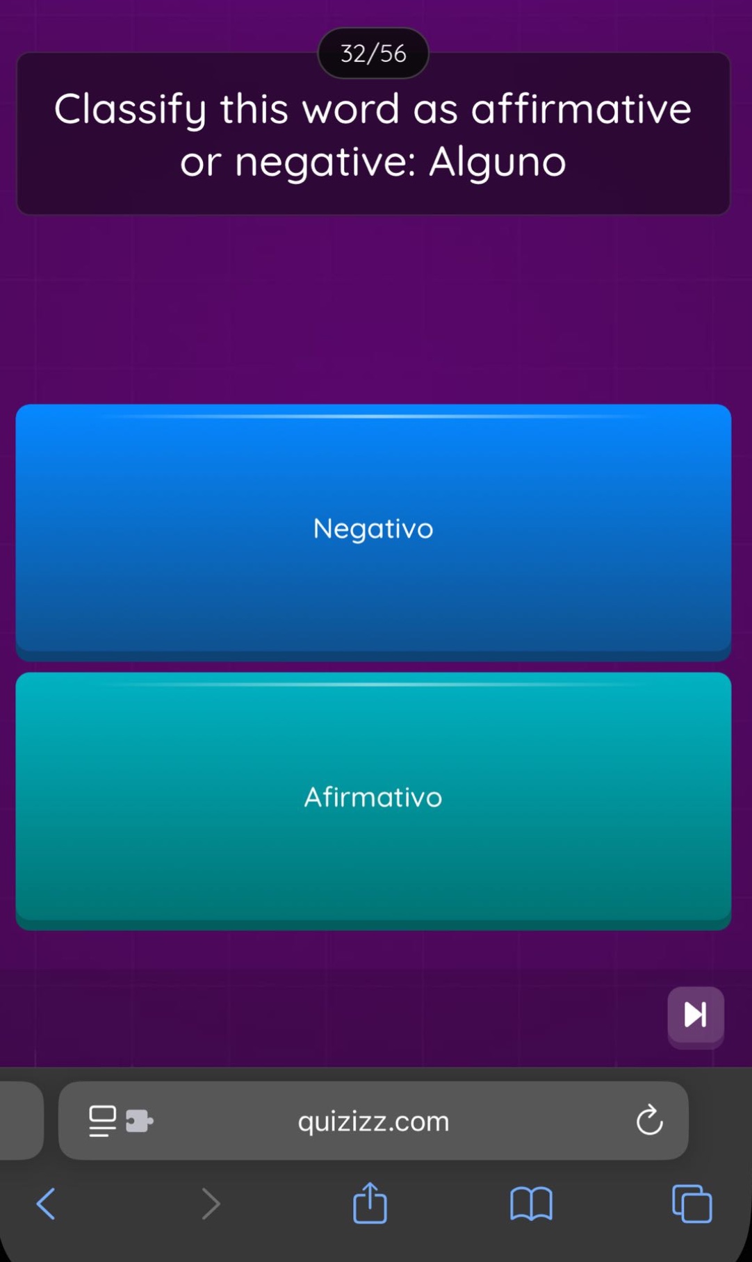 classify this word as affirmative or negative: alguno