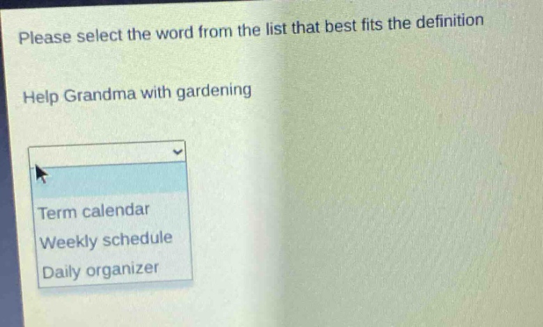 please select the word from the list that best fits the definition\nhelp grandma with gardening\nterm calendar\nweekly schedule\ndaily organizer