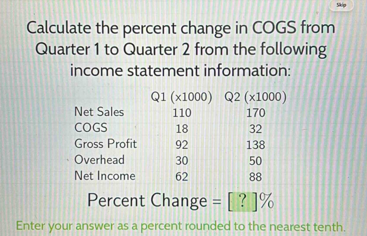 calculate the percent change in cogs from quarter 1 to quarter 2 from the following income statement information:\n\nq1 (x1000) q2 (x1000)\nnet sales 110 170\ncogs 18 32\ngross profit 92 138\noverhead 30 50\nnet income 62 88\n\npercent change = ?%\n\nenter your answer as a percent rounded to the nearest tenth.