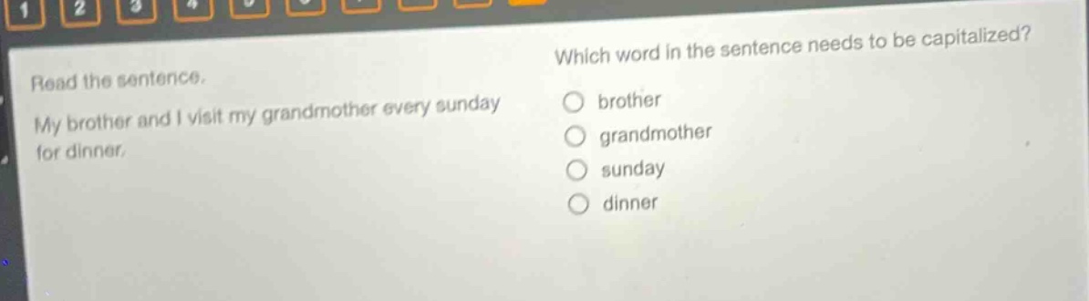 read the sentence. my brother and i visit my grandmother every sunday for dinner. which word in the sentence needs to be capitalized? brother grandmother sunday dinner